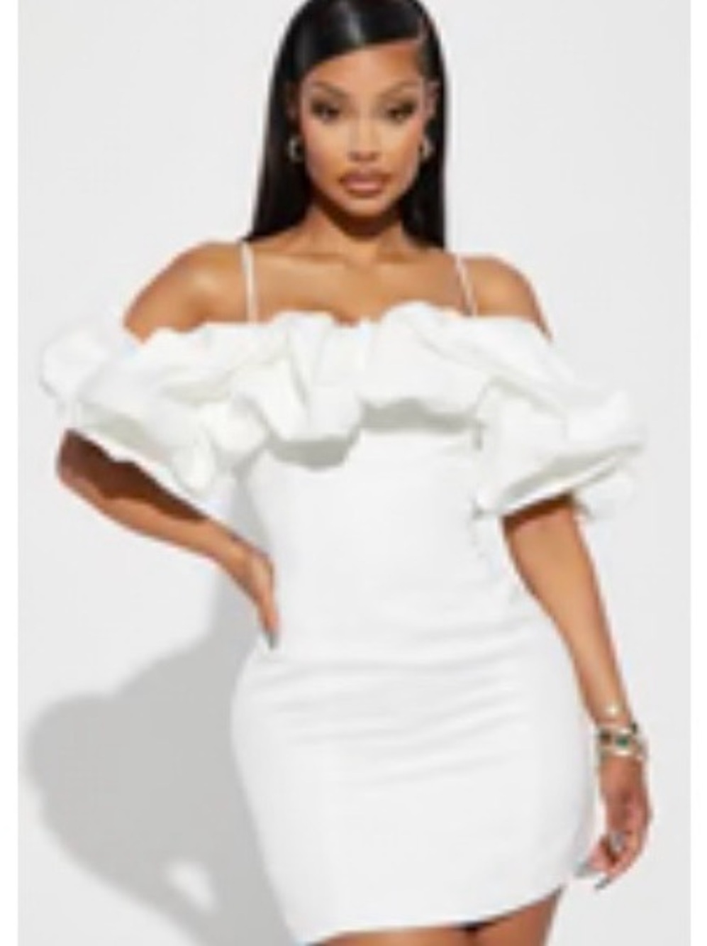 SHEIN White Off-Shoulder Ruffle Bodycon Mini Dress